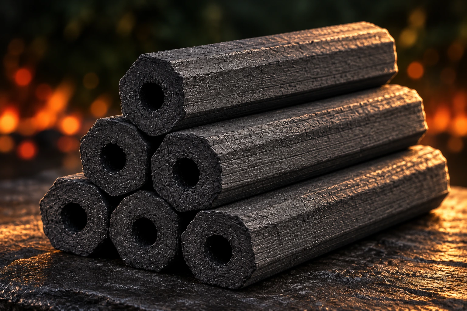 AI illustration of intact hexagonal BBQ charcoal sticks with center holes
